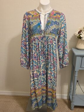 Bohemian Floral Maxi Dress in Cream, Blue, and Pink
